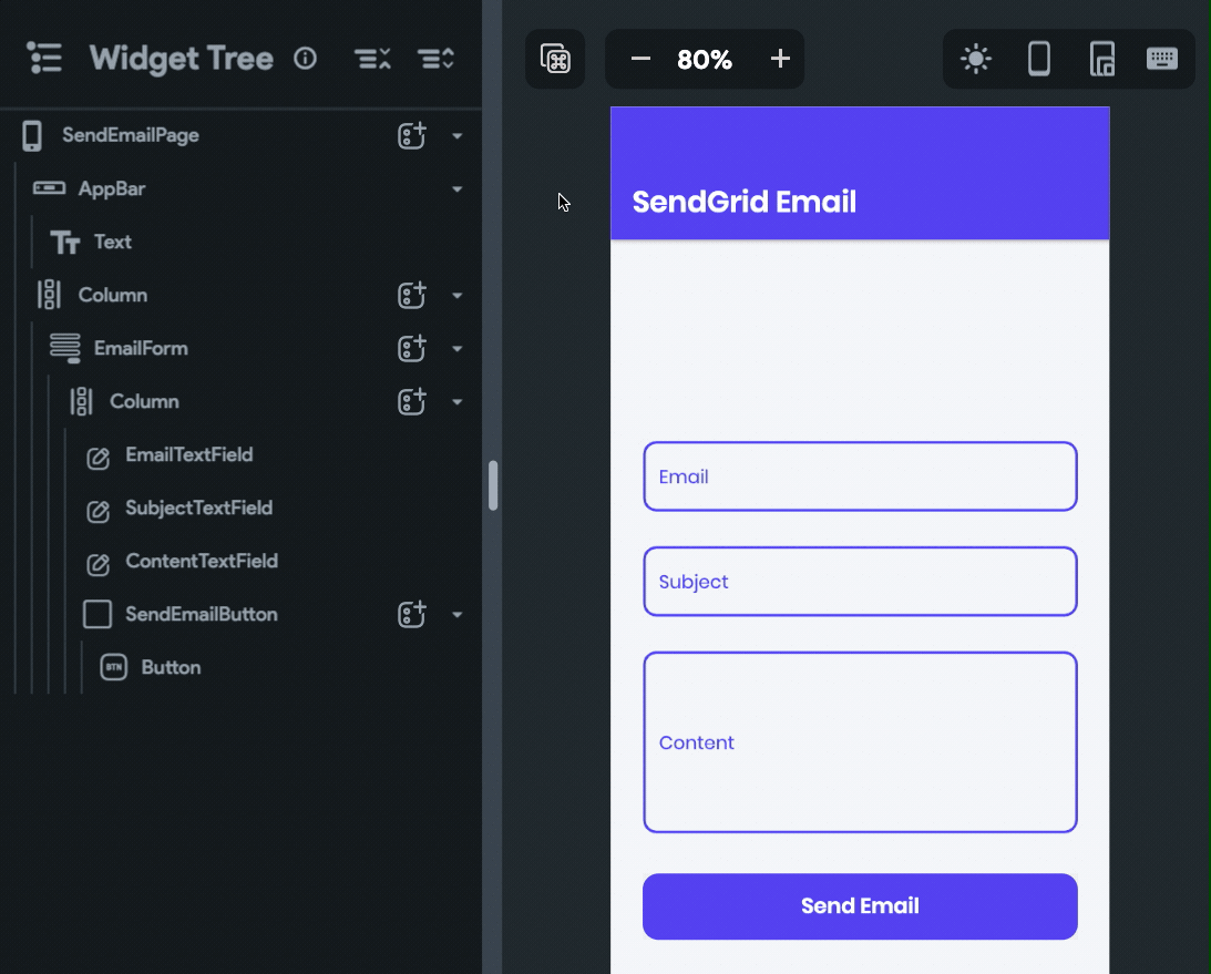Widget Tree for the SendEmailPage on FlutterFlow