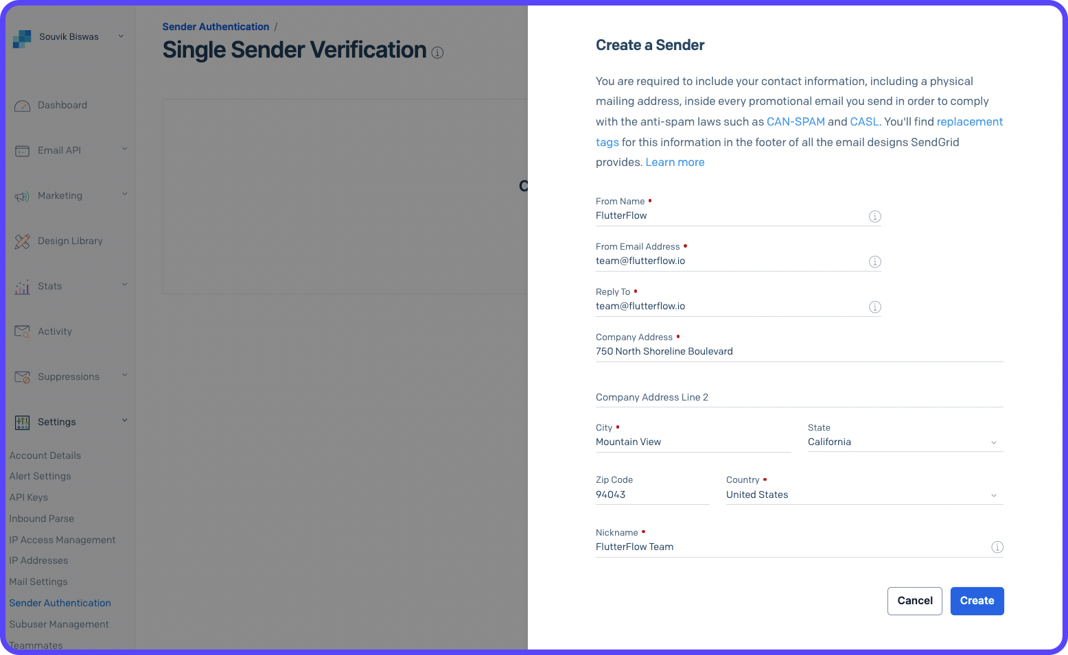 Form for filling in the sender details while adding a new sender to SendGrid