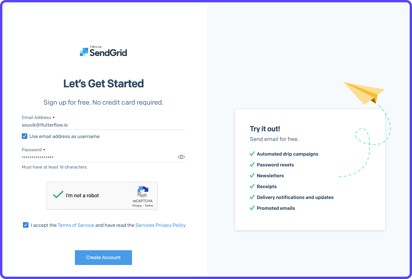 SendGrid create account page