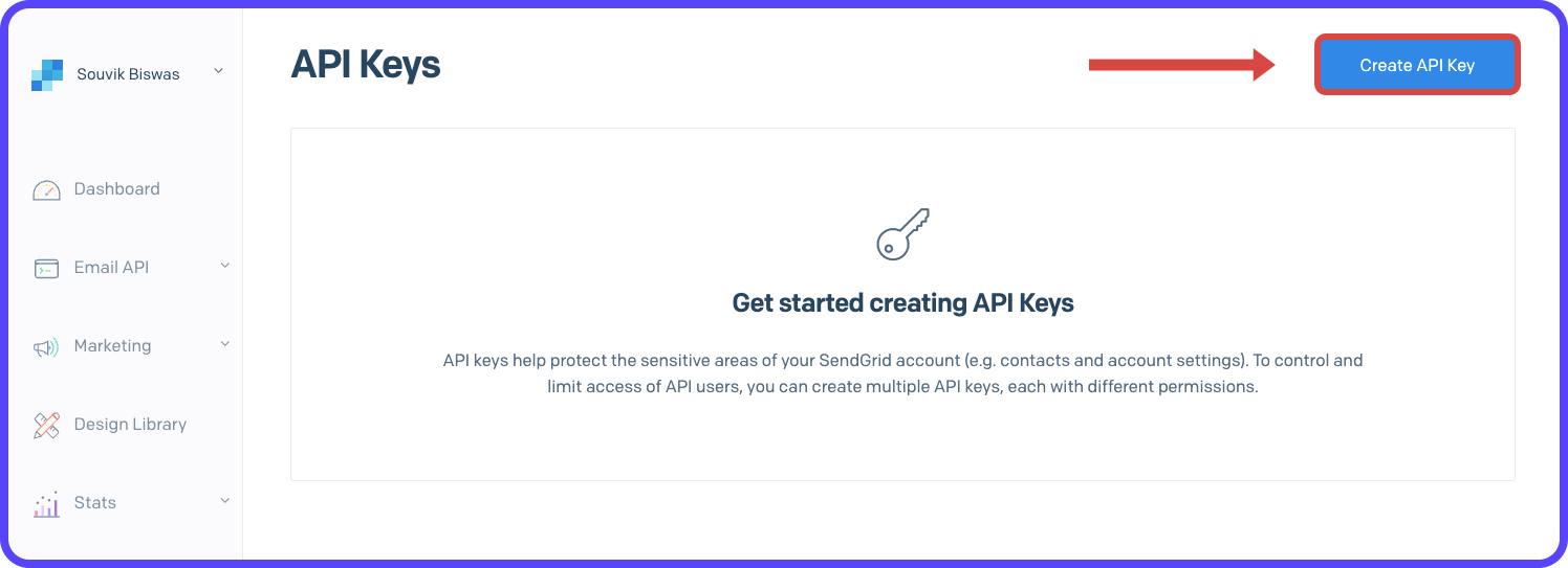 SendGrid API Keys page with Create API Key button highlighted