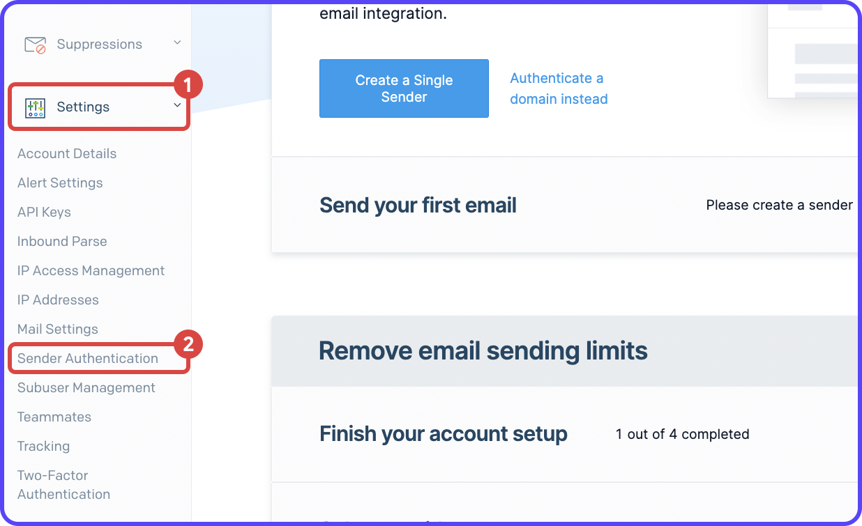 Navigating to the Sender Authentication page from the SendGrid dashboard