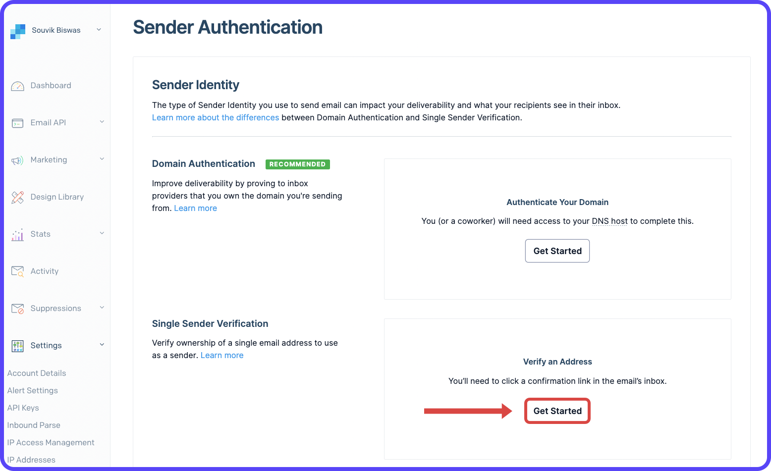 Sender Authentication page with Get Started button highlighted