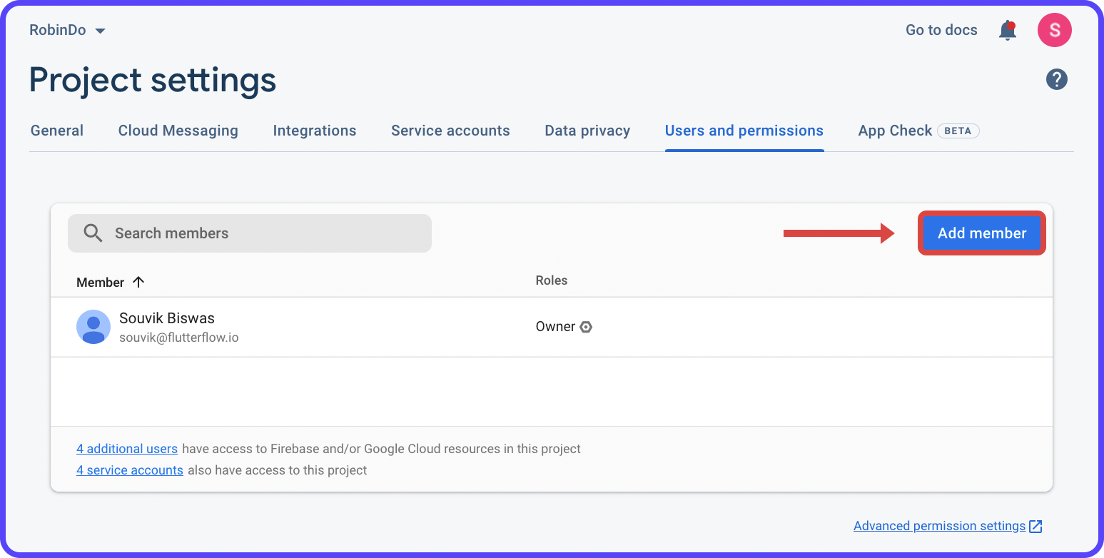 Add member button on Users and permissions page of Firebase