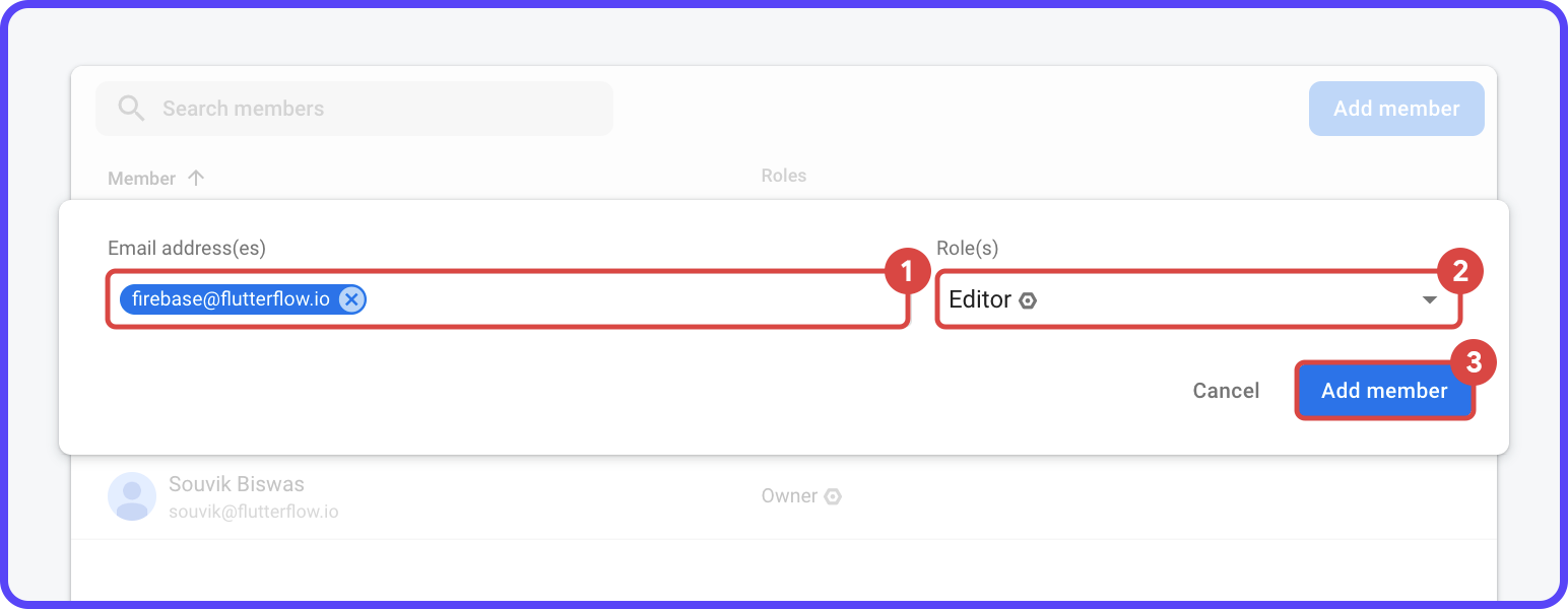 Entering the email as firebase@flutterflow.io and the role as Editor for the new user
