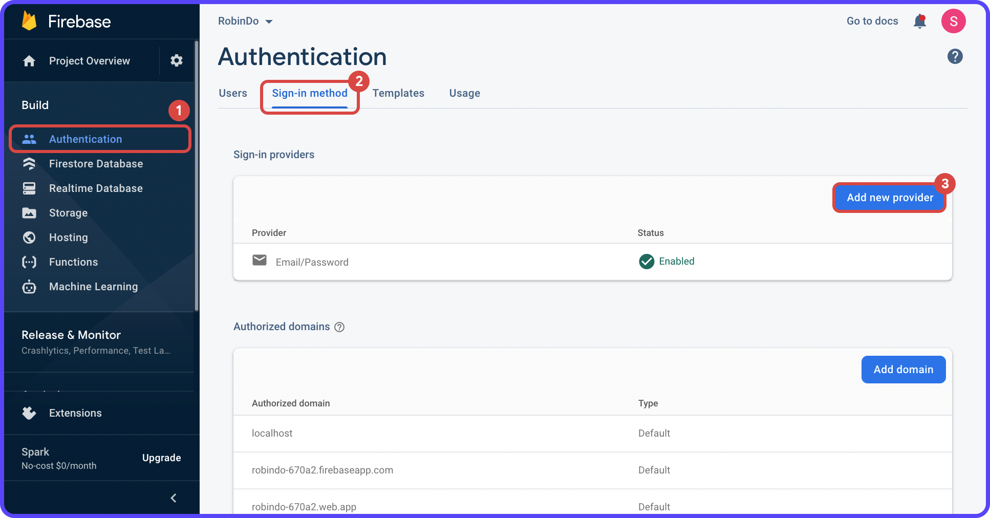 Add new provider button on the Authentication page of Firebase