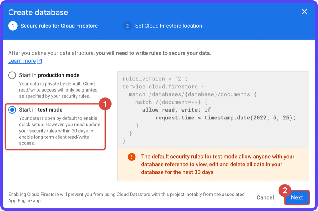 Create database dialog (step 1), choose the type of security rule