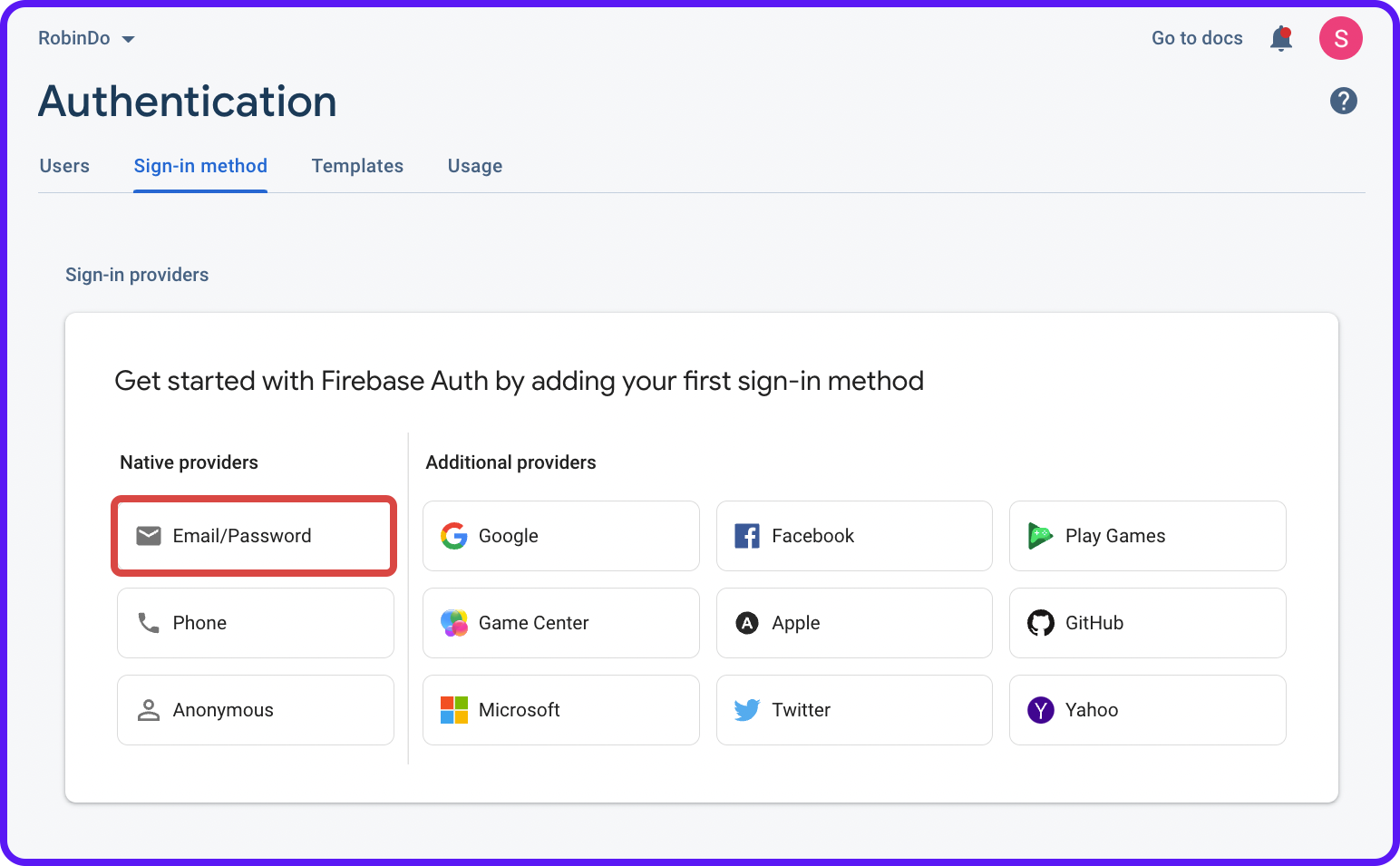 Email/Password provider button on the Firebase Authentication page