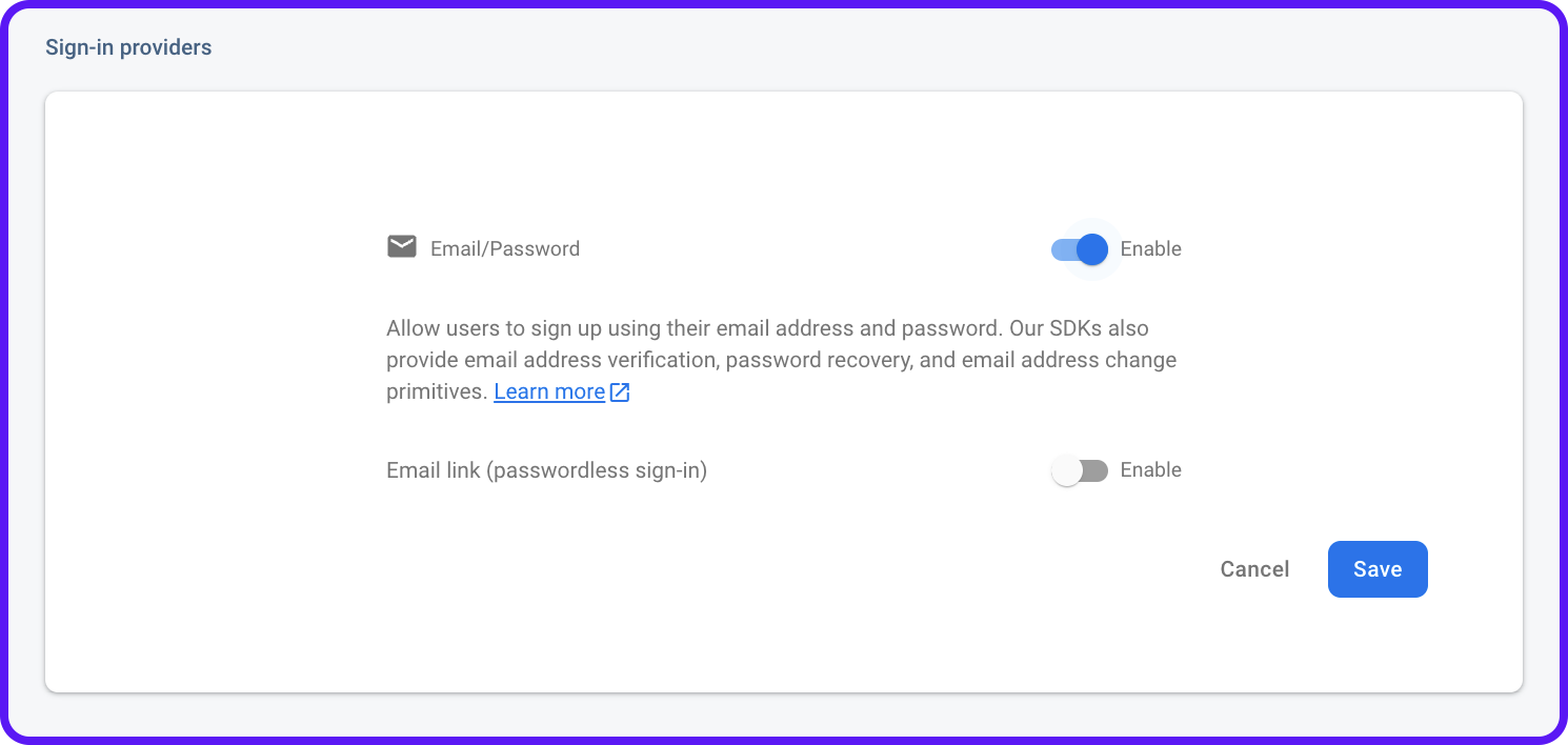 Enable dialog of the Email/Password Firebase authentication