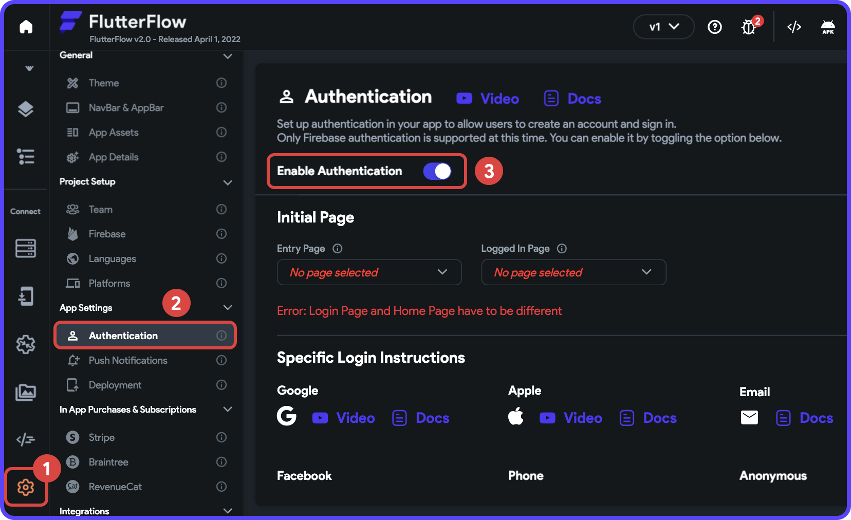 FlutterFlow Authentication page under Settings and Integrations