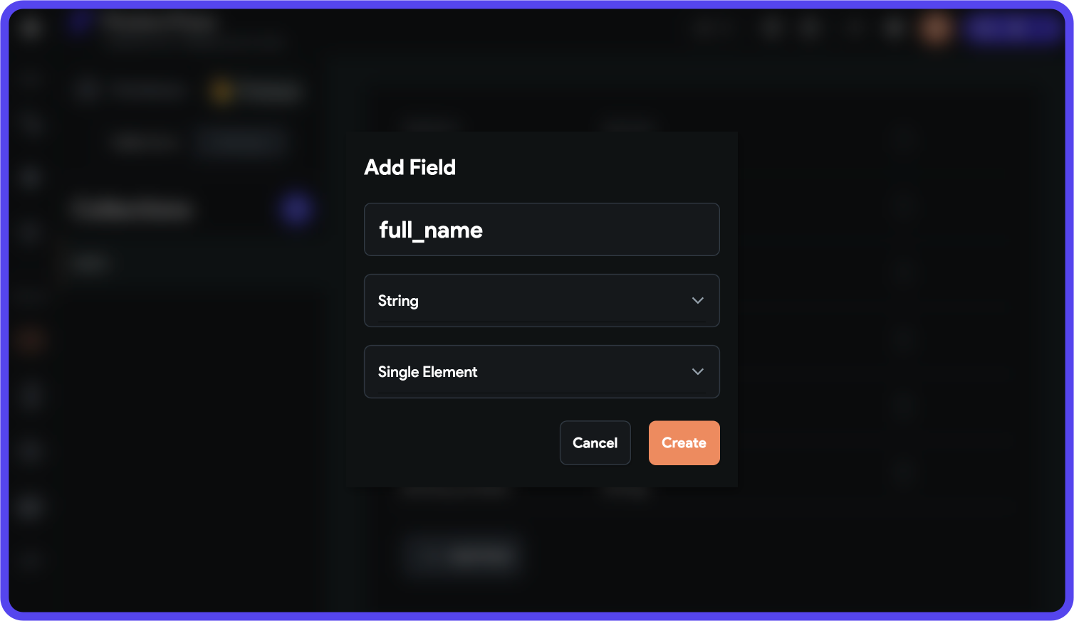 Dialog box for adding a field to the users collection