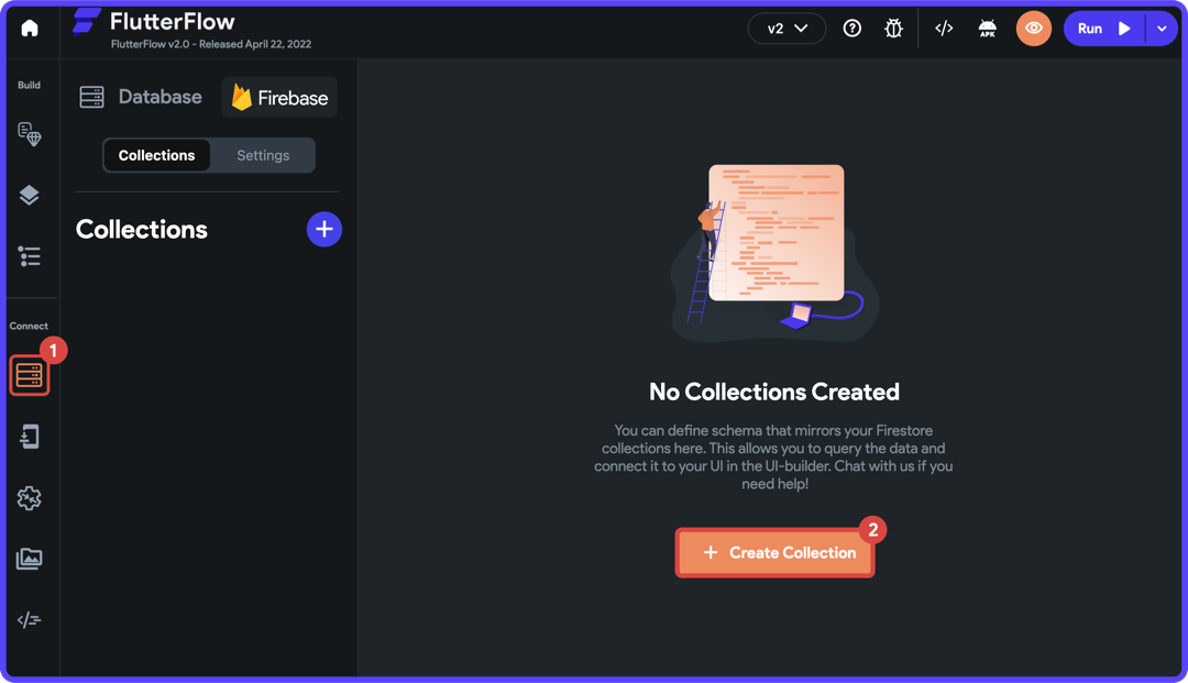 Firestore page inside FlutterFlow with the Create Collection button