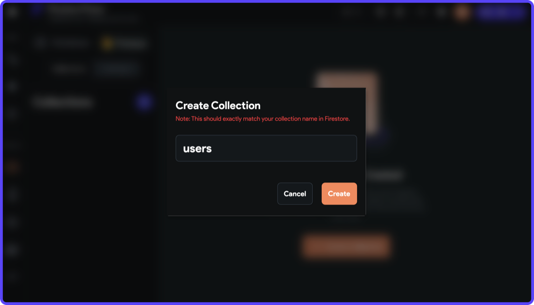 Create Collection dialog with "users" as the collection name