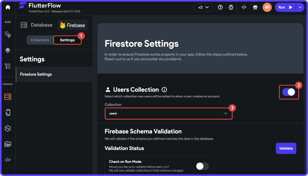 Firestore settings page inside FlutterFlow, enabling the users collection using a toggle