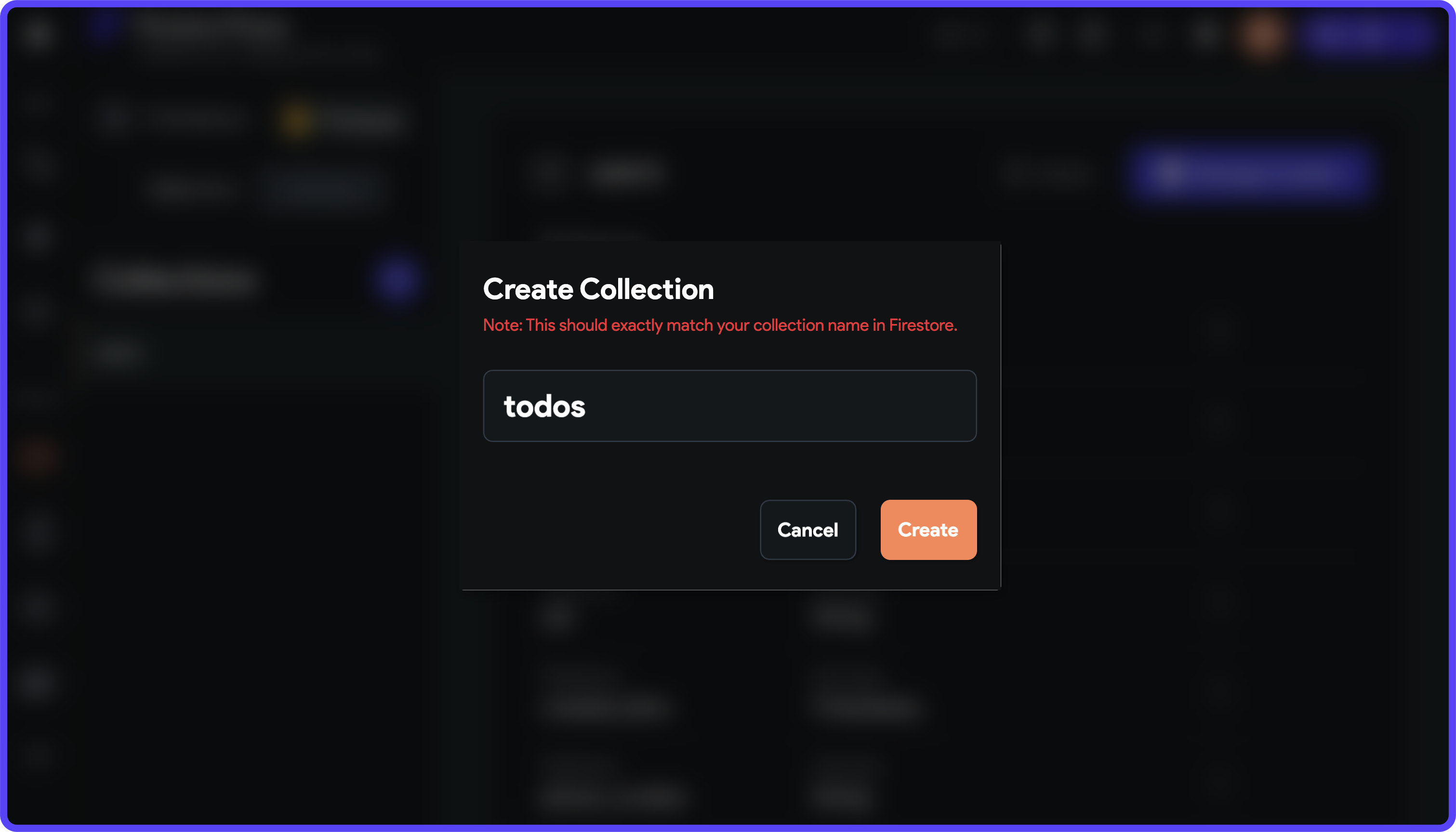 Create collection dialog with todos as the collection name