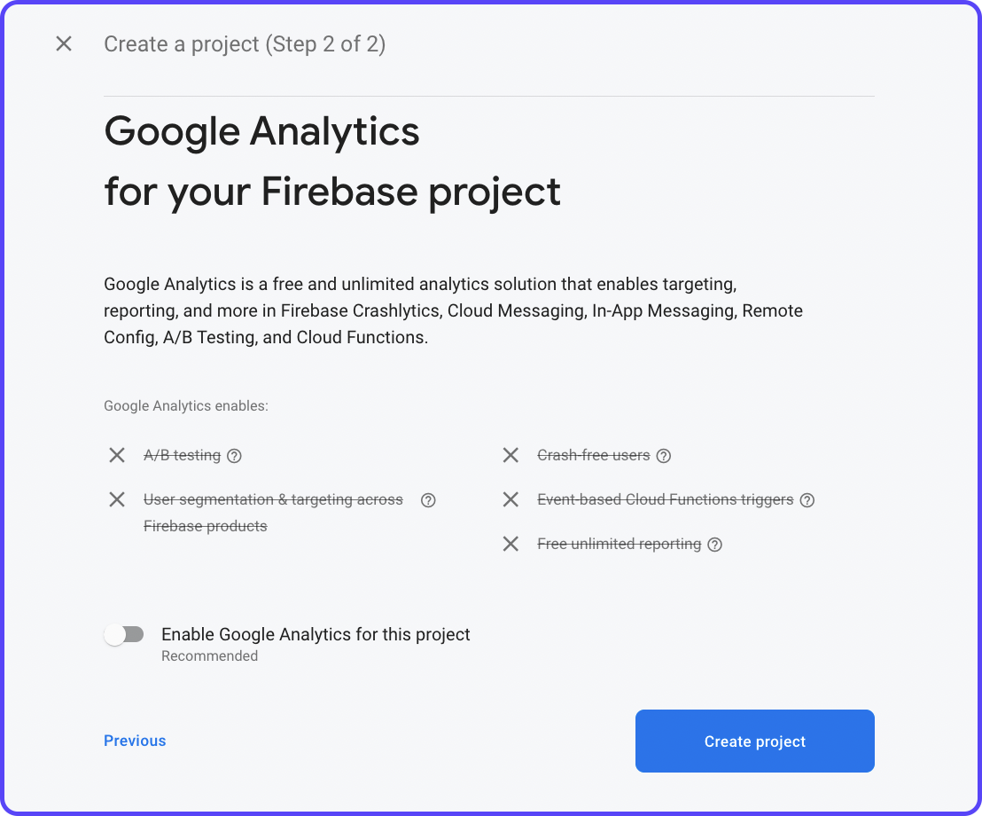 Disable Google Analytics for the Firebase project