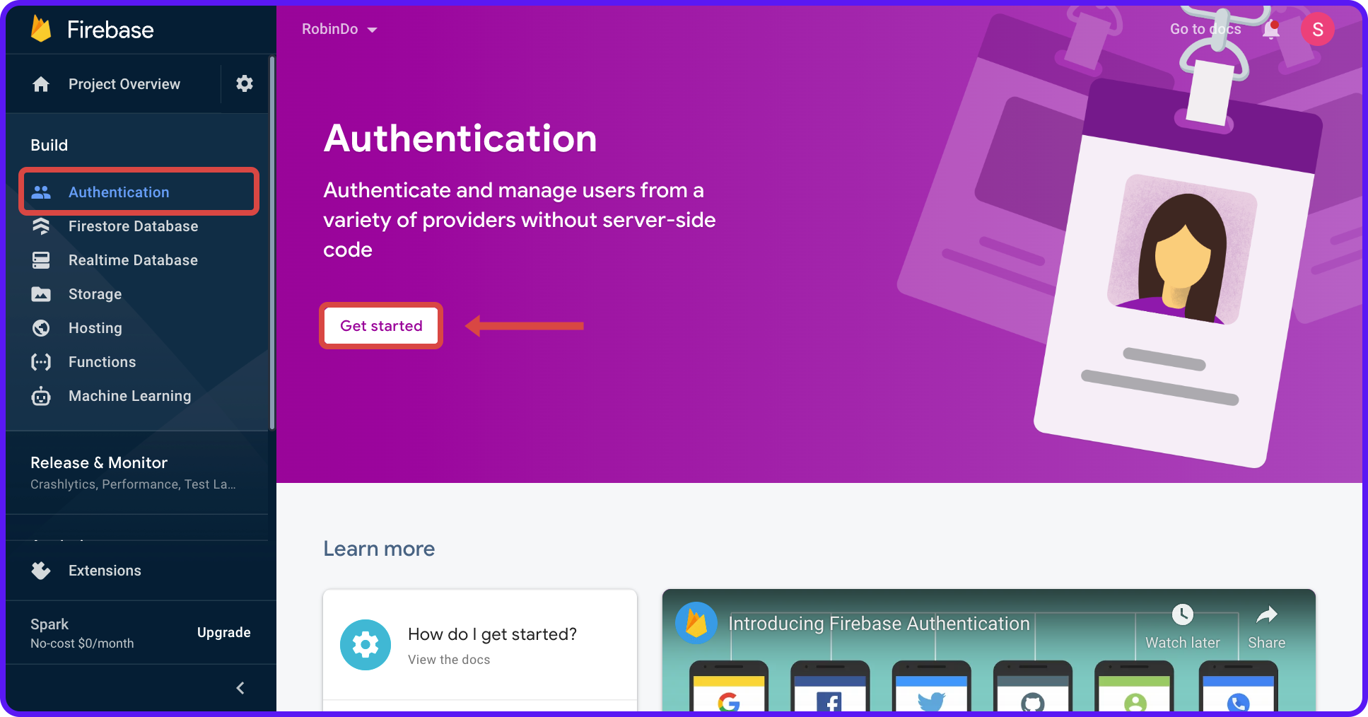 Get started button of the Firebase Authentication page