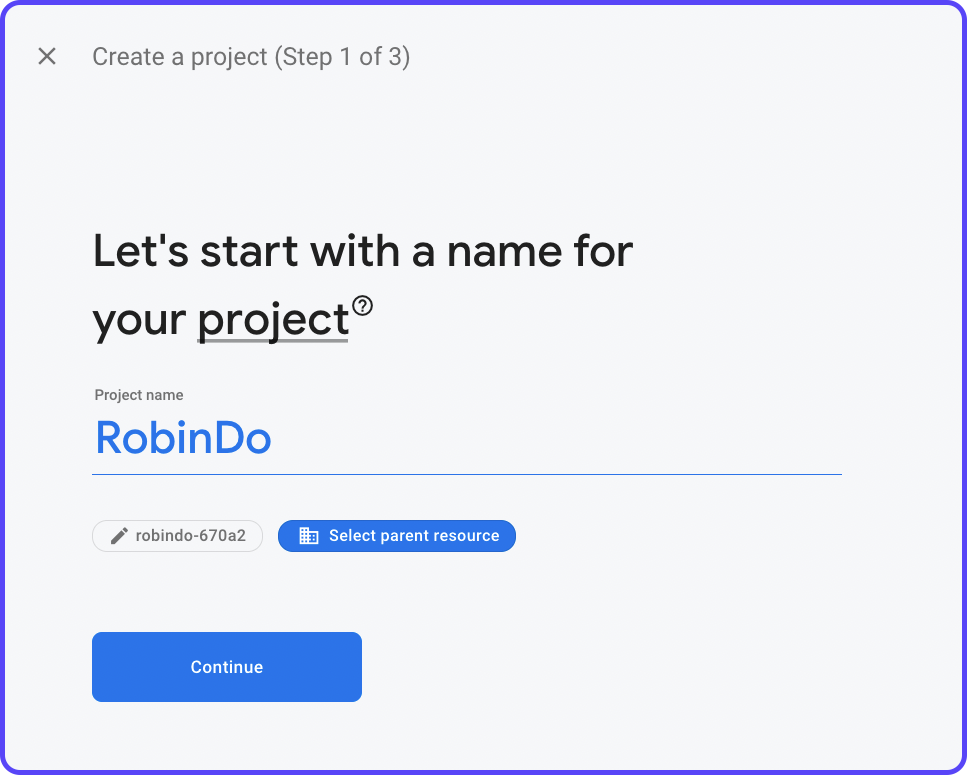 Entering the name of the Firebase project as RobinDo