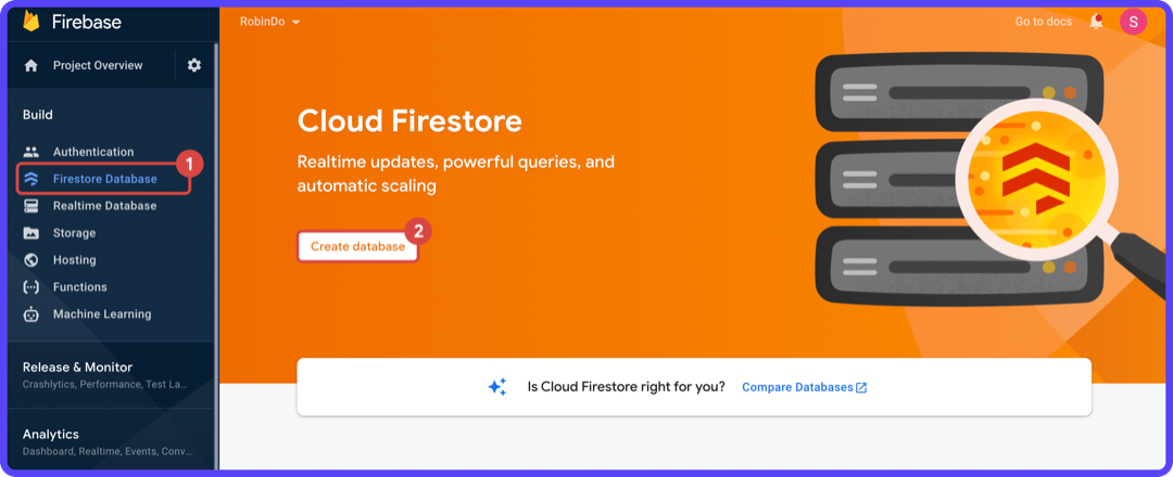 Firestore Database page opened from Firebase console