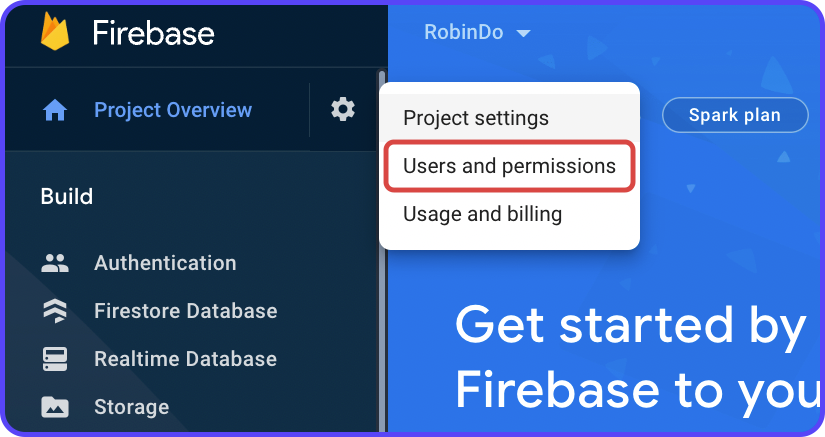 Navigating to Users and permissions settings by clicking on the gear icon on Firebase dashboard