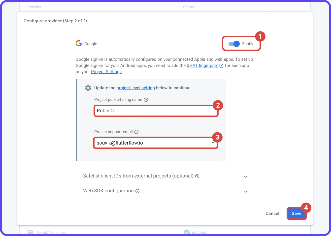 Enabling Google sign-in provider by providing a public facing name and a support email