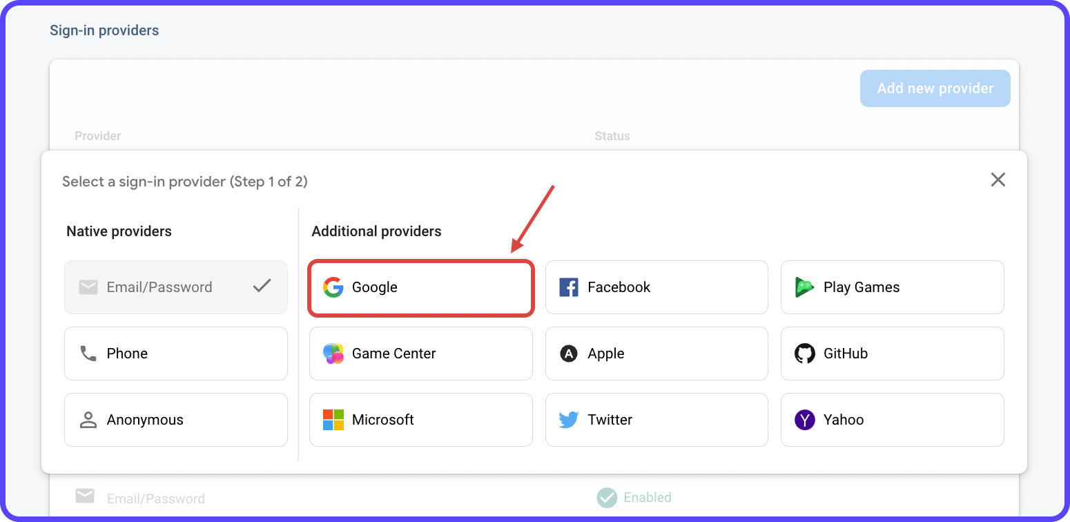 Google Sign-In provider on the Firebase Authentication page