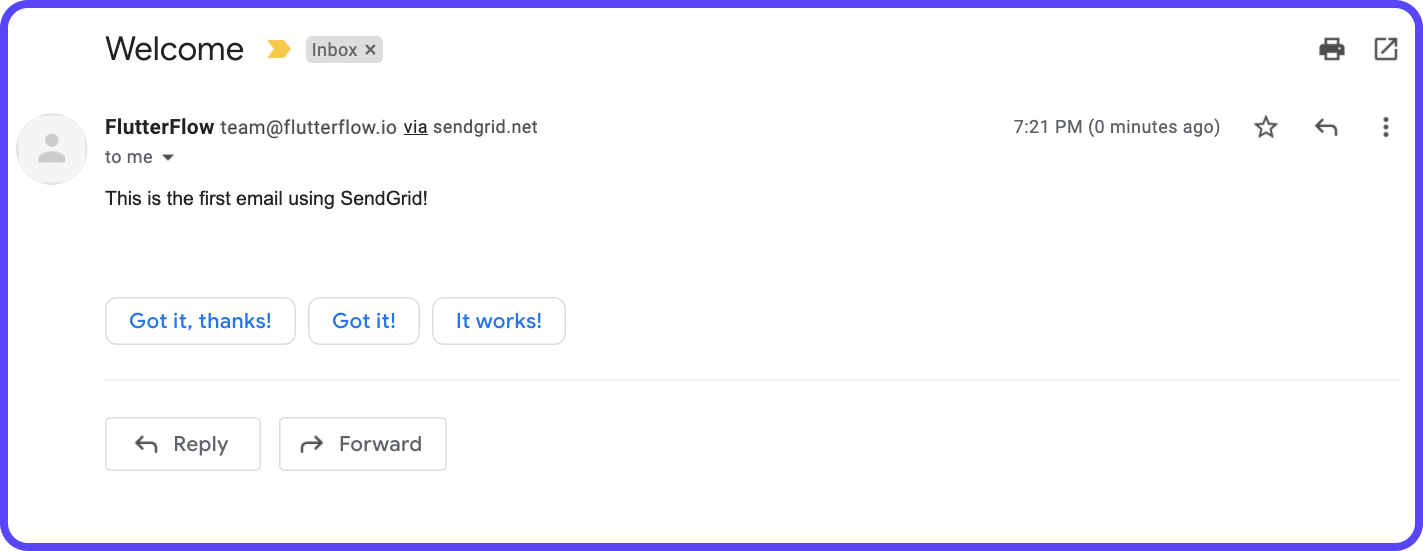 Sample email sent from the app to the email address "souvik@flutterflow.io" having "Welcome" as the subject and "This is the first email using SendGrid!" as the content
