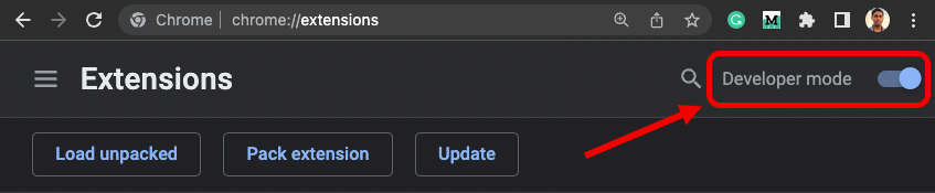 Developer mode toggle on the Chrome Extensions page