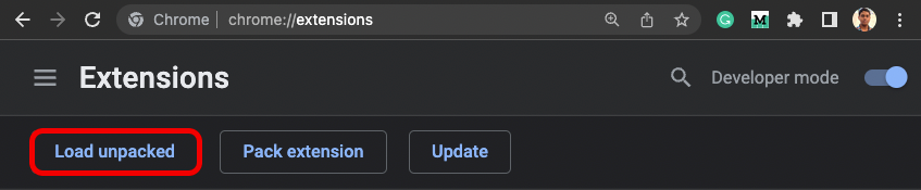 Load unpacked button on the Chrome Extensions page