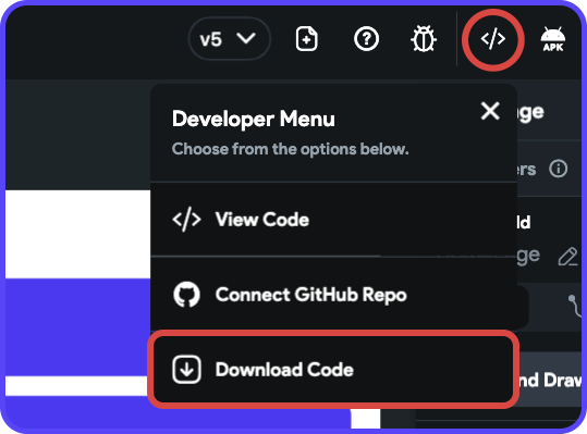 Download Code button under the FlutterFlow Developer Menu