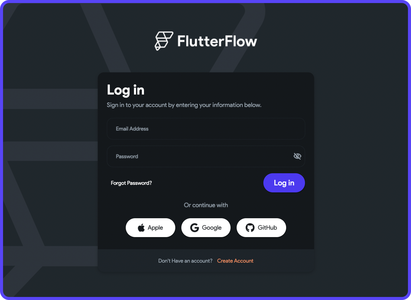 FlutterFlow login page and account creation page