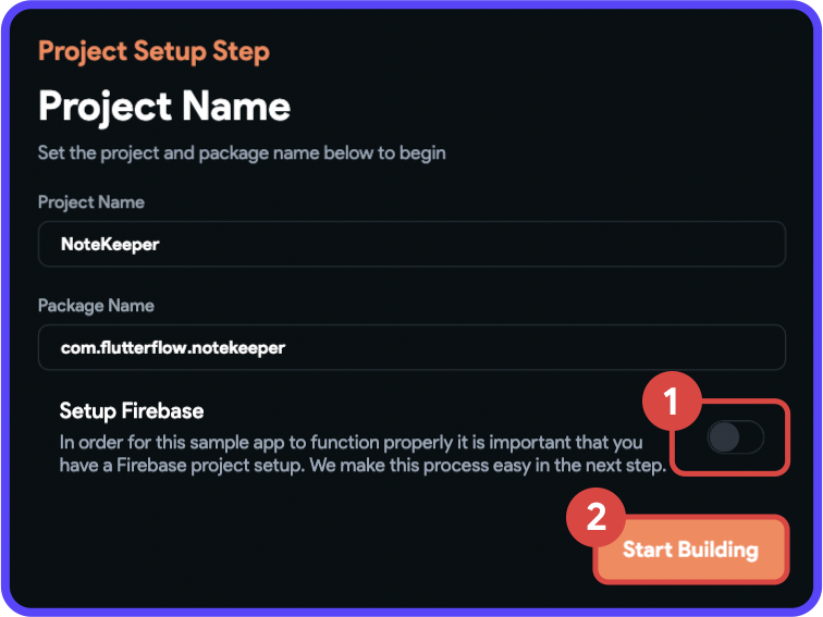 FlutterFlow Project Setup dialog