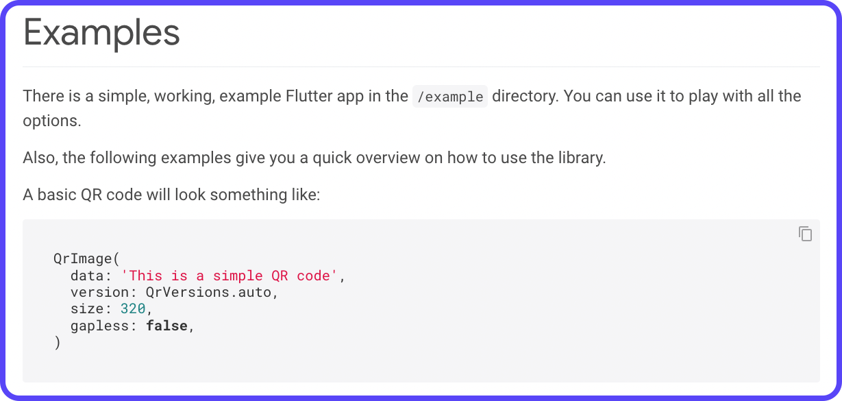 Example widget code for using qr_flutter on the package page